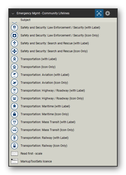 Incident & Emergency Management tool set for Bluebeam Revu, Community Lifelines set (tools 55-70 of 70) - 16 tools: Safety and Security: Law Enforcement, Safety and Security: Search and Rescue, Safety and Security: Search and Rescue (Icon, Transportation (with Label), Transportation (Icon Only), Transportation: Aviation (with Label), Transportation: Aviation (Icon Only), Transportation: Highway / Roadway and more. Tool Chest in Detail view, one row per tool with its name.