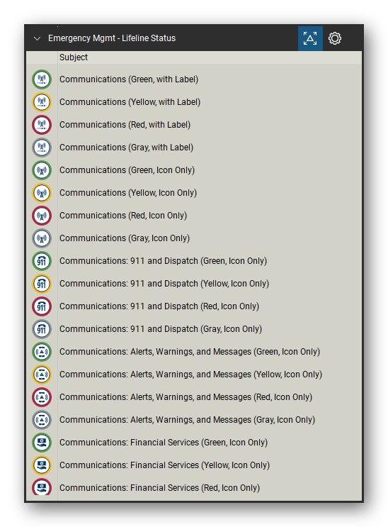 Incident & Emergency Management tool set for Bluebeam Revu, Lifeline Status set (tools 1-19 of 168) - 19 tools: Communications (Green, with Label), Communications (Yellow, with Label), Communications (Red, with Label), Communications (Gray, with Label), Communications (Green, Icon Only), Communications (Yellow, Icon Only), Communications (Red, Icon Only), Communications (Gray, Icon Only), Communications: 911 and Dispatch (Green and more. Tool Chest in Detail view, one row per tool with its name.