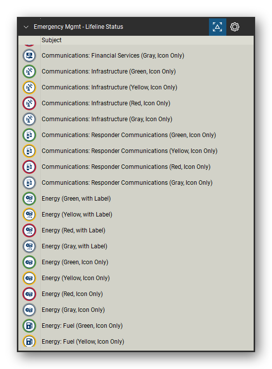 Incident & Emergency Management tool set for Bluebeam Revu, Lifeline Status set (tools 20-38 of 168) - 19 tools: Communications: Financial Services (Gray, Communications: Infrastructure (Green, Icon, Communications: Infrastructure (Yellow, Icon, Communications: Infrastructure (Red, Icon, Communications: Infrastructure (Gray, Icon, Communications: Responder Communications, Energy (Green, with Label), Energy (Yellow, with Label), Energy (Red and more. Tool Chest in Detail view, one row per tool with its name.