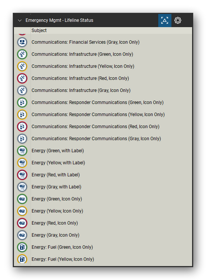 Incident & Emergency Management tool set for Bluebeam Revu, Lifeline Status set (tools 20-38 of 168) - 19 tools: Communications: Financial Services (Gray, Communications: Infrastructure (Green, Icon, Communications: Infrastructure (Yellow, Icon, Communications: Infrastructure (Red, Icon, Communications: Infrastructure (Gray, Icon, Communications: Responder Communications, Energy (Green, with Label), Energy (Yellow, with Label), Energy (Red and more. Tool Chest in Detail view, one row per tool with its name.