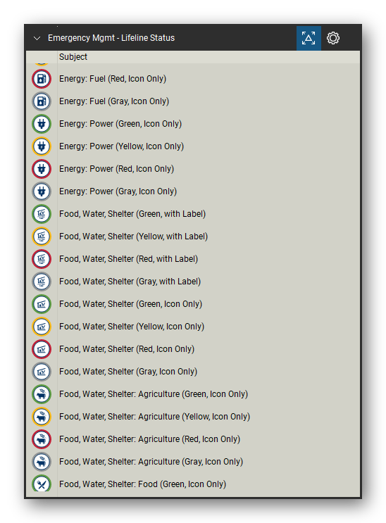 Incident & Emergency Management tool set for Bluebeam Revu, Lifeline Status set (tools 39-57 of 168) - 19 tools: Energy: Fuel (Red, Icon Only), Energy: Fuel (Gray, Icon Only), Energy: Power (Green, Icon Only), Energy: Power (Yellow, Icon Only), Energy: Power (Red, Icon Only), Energy: Power (Gray, Icon Only), Food, Water, Shelter (Green, with Label), Food, Water, Shelter (Yellow, with Label), Food, Water, Shelter (Red, with Label), Food and more. Tool Chest in Detail view, one row per tool with its name.