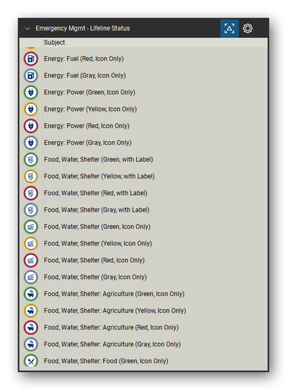 Incident & Emergency Management tool set for Bluebeam Revu, Lifeline Status set (tools 39-57 of 168) - 19 tools: Energy: Fuel (Red, Icon Only), Energy: Fuel (Gray, Icon Only), Energy: Power (Green, Icon Only), Energy: Power (Yellow, Icon Only), Energy: Power (Red, Icon Only), Energy: Power (Gray, Icon Only), Food, Water, Shelter (Green, with Label), Food, Water, Shelter (Yellow, with Label), Food, Water, Shelter (Red, with Label), Food and more. Tool Chest in Detail view, one row per tool with its name.