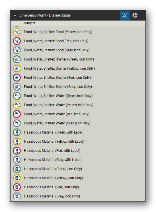 Incident & Emergency Management tool set for Bluebeam Revu, Lifeline Status set (tools 58-76 of 168) - 19 tools: Food, Water, Shelter: Food (Yellow, Icon, Food, Water, Shelter: Food (Red, Icon Only), Food, Water, Shelter: Food (Gray, Icon Only), Food, Water, Shelter: Shelter (Green, Icon, Food, Water, Shelter: Shelter (Yellow, Icon, Food, Water, Shelter: Shelter (Red, Icon, Food, Water, Shelter: Shelter (Gray, Icon, Food, Water and more. Tool Chest in Detail view, one row per tool with its name.