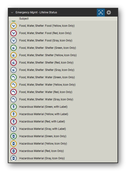 Incident & Emergency Management tool set for Bluebeam Revu, Lifeline Status set (tools 58-76 of 168) - 19 tools: Food, Water, Shelter: Food (Yellow, Icon, Food, Water, Shelter: Food (Red, Icon Only), Food, Water, Shelter: Food (Gray, Icon Only), Food, Water, Shelter: Shelter (Green, Icon, Food, Water, Shelter: Shelter (Yellow, Icon, Food, Water, Shelter: Shelter (Red, Icon, Food, Water, Shelter: Shelter (Gray, Icon, Food, Water and more. Tool Chest in Detail view, one row per tool with its name.