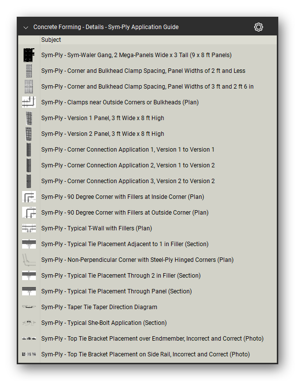 Details sym ply application guide in the Concrete Forming Takeoff & Estimating Bluebeam tool set (sheet 7 of 9)