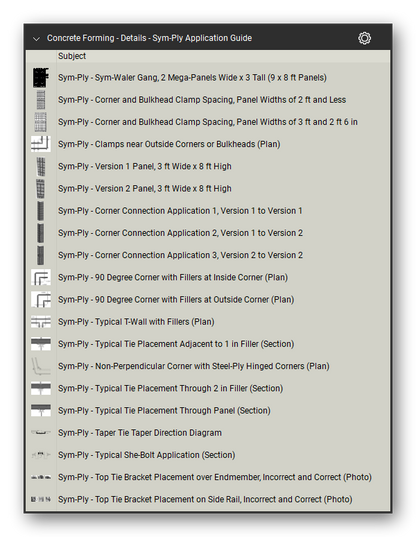 Details sym ply application guide in the Concrete Forming Takeoff & Estimating Bluebeam tool set (sheet 7 of 9)