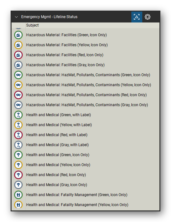 Incident & Emergency Management tool set for Bluebeam Revu, Lifeline Status set (tools 77-94 of 168) - 18 tools: Hazardous Material: Facilities (Green, Icon, Hazardous Material: Facilities (Yellow, Icon, Hazardous Material: Facilities (Red, Icon, Hazardous Material: Facilities (Gray, Icon, Hazardous Material: HazMat, Pollutants, Health and Medical (Green, with Label), Health and Medical (Yellow, with Label), Health and Medical (Red and more. Tool Chest in Detail view, one row per tool with its name.