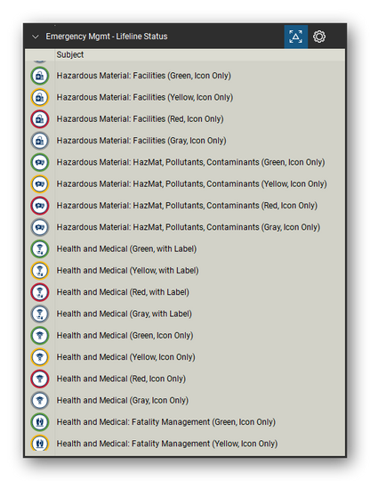 Incident & Emergency Management tool set for Bluebeam Revu, Lifeline Status set (tools 77-94 of 168) - 18 tools: Hazardous Material: Facilities (Green, Icon, Hazardous Material: Facilities (Yellow, Icon, Hazardous Material: Facilities (Red, Icon, Hazardous Material: Facilities (Gray, Icon, Hazardous Material: HazMat, Pollutants, Health and Medical (Green, with Label), Health and Medical (Yellow, with Label), Health and Medical (Red and more. Tool Chest in Detail view, one row per tool with its name.