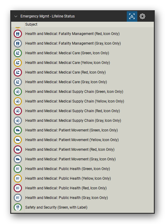 Incident & Emergency Management tool set for Bluebeam Revu, Lifeline Status set (tools 95-113 of 168) - 19 tools: Health and Medical: Fatality Management, Health and Medical: Medical Care (Green, Health and Medical: Medical Care (Yellow, Health and Medical: Medical Care (Red, Icon, Health and Medical: Medical Care (Gray, Icon, Health and Medical: Medical Supply Chain, Health and Medical: Patient Movement (Green and more. Tool Chest in Detail view, one row per tool with its name.