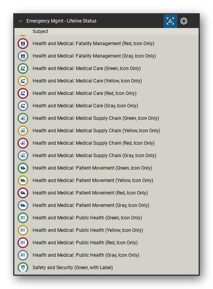 Incident & Emergency Management tool set for Bluebeam Revu, Lifeline Status set (tools 95-113 of 168) - 19 tools: Health and Medical: Fatality Management, Health and Medical: Medical Care (Green, Health and Medical: Medical Care (Yellow, Health and Medical: Medical Care (Red, Icon, Health and Medical: Medical Care (Gray, Icon, Health and Medical: Medical Supply Chain, Health and Medical: Patient Movement (Green and more. Tool Chest in Detail view, one row per tool with its name.