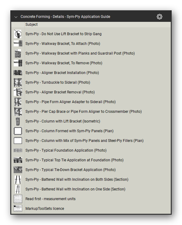 Details sym ply application guide in the Concrete Forming Takeoff & Estimating Bluebeam tool set (sheet 9 of 9)