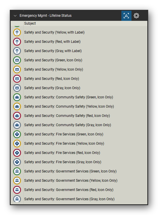 Incident & Emergency Management tool set for Bluebeam Revu, Lifeline Status set (tools 114-132 of 168) - 19 tools: Safety and Security (Yellow, with Label), Safety and Security (Red, with Label), Safety and Security (Gray, with Label), Safety and Security (Green, Icon Only), Safety and Security (Yellow, Icon Only), Safety and Security (Red, Icon Only), Safety and Security (Gray, Icon Only), Safety and Security: Community Safety and more. Tool Chest in Detail view, one row per tool with its name.