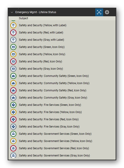 Incident & Emergency Management tool set for Bluebeam Revu, Lifeline Status set (tools 114-132 of 168) - 19 tools: Safety and Security (Yellow, with Label), Safety and Security (Red, with Label), Safety and Security (Gray, with Label), Safety and Security (Green, Icon Only), Safety and Security (Yellow, Icon Only), Safety and Security (Red, Icon Only), Safety and Security (Gray, Icon Only), Safety and Security: Community Safety and more. Tool Chest in Detail view, one row per tool with its name.
