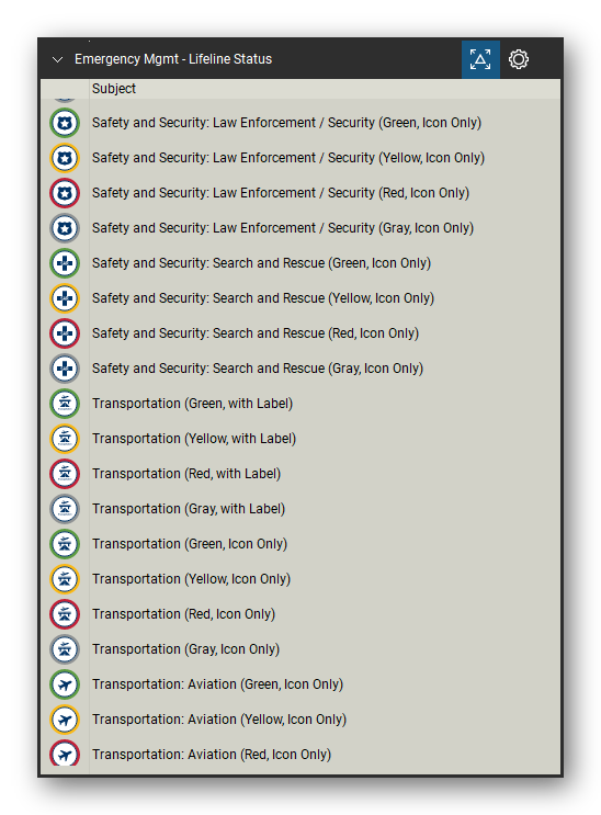 Incident & Emergency Management tool set for Bluebeam Revu, Lifeline Status set (tools 133-151 of 168) - 19 tools: Safety and Security: Law Enforcement, Safety and Security: Search and Rescue, Safety and Security: Search and Rescue (Red, Transportation (Green, with Label), Transportation (Yellow, with Label), Transportation (Red, with Label), Transportation (Gray, with Label), Transportation (Green, Icon Only), Transportation (Yellow and more. Tool Chest in Detail view, one row per tool with its name.