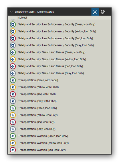 Incident & Emergency Management tool set for Bluebeam Revu, Lifeline Status set (tools 133-151 of 168) - 19 tools: Safety and Security: Law Enforcement, Safety and Security: Search and Rescue, Safety and Security: Search and Rescue (Red, Transportation (Green, with Label), Transportation (Yellow, with Label), Transportation (Red, with Label), Transportation (Gray, with Label), Transportation (Green, Icon Only), Transportation (Yellow and more. Tool Chest in Detail view, one row per tool with its name.