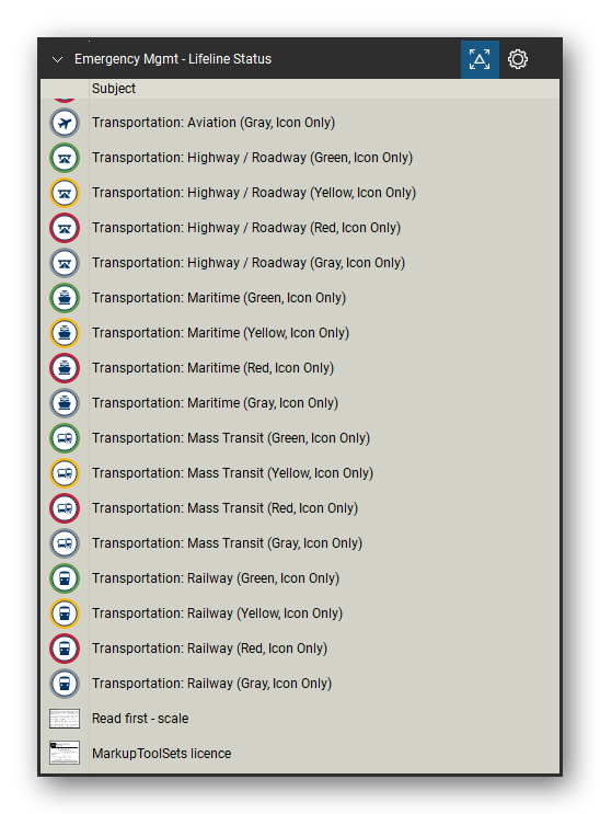 Incident & Emergency Management tool set for Bluebeam Revu, Lifeline Status set (tools 152-168 of 168) - 17 tools: Transportation: Aviation (Gray, Icon Only), Transportation: Highway / Roadway (Green, Transportation: Highway / Roadway (Yellow, Transportation: Highway / Roadway (Red, Icon, Transportation: Highway / Roadway (Gray, Transportation: Maritime (Green, Icon Only), Transportation: Maritime (Yellow, Icon Only) and more. Tool Chest in Detail view, one row per tool with its name.