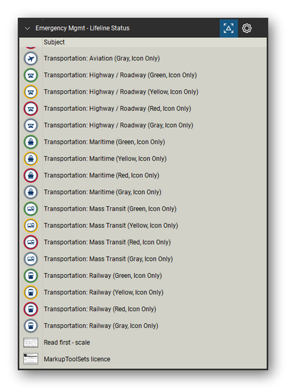 Incident & Emergency Management tool set for Bluebeam Revu, Lifeline Status set (tools 152-168 of 168) - 17 tools: Transportation: Aviation (Gray, Icon Only), Transportation: Highway / Roadway (Green, Transportation: Highway / Roadway (Yellow, Transportation: Highway / Roadway (Red, Icon, Transportation: Highway / Roadway (Gray, Transportation: Maritime (Green, Icon Only), Transportation: Maritime (Yellow, Icon Only) and more. Tool Chest in Detail view, one row per tool with its name.
