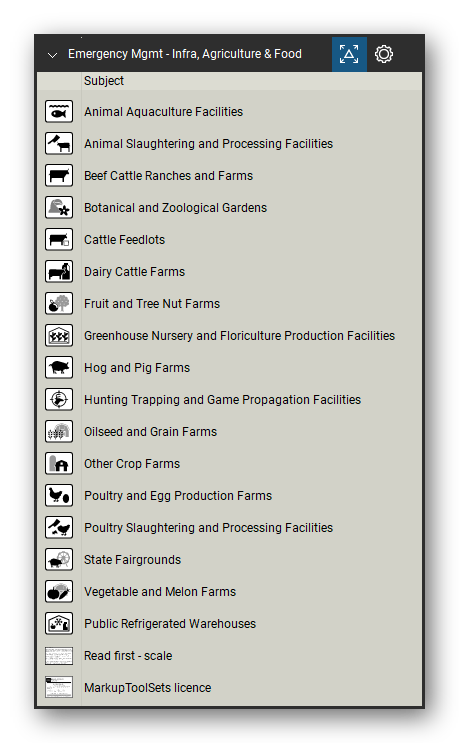 Incident & Emergency Management tool set for Bluebeam Revu, Infra, Agriculture & Food set - 17 tools: Animal Aquaculture Facilities, Animal Slaughtering and Processing, Beef Cattle Ranches and Farms, Botanical and Zoological Gardens, Cattle Feedlots, Dairy Cattle Farms, Fruit and Tree Nut Farms, Greenhouse Nursery and Floriculture, Hog and Pig Farms, Hunting Trapping and Game Propagation and 7 more. Tool Chest in Detail view, one row per tool with its name.