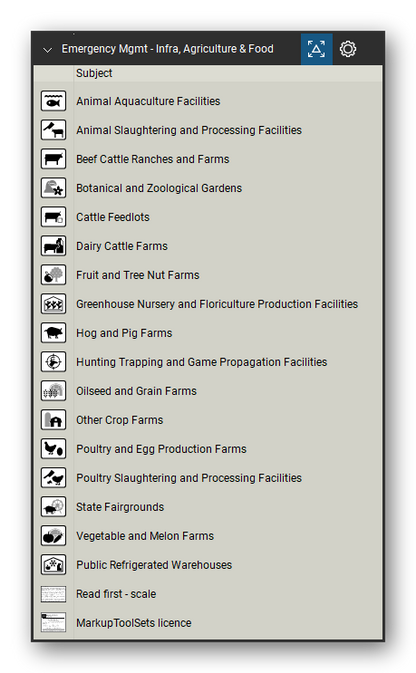 Incident & Emergency Management tool set for Bluebeam Revu, Infra, Agriculture & Food set - 17 tools: Animal Aquaculture Facilities, Animal Slaughtering and Processing, Beef Cattle Ranches and Farms, Botanical and Zoological Gardens, Cattle Feedlots, Dairy Cattle Farms, Fruit and Tree Nut Farms, Greenhouse Nursery and Floriculture, Hog and Pig Farms, Hunting Trapping and Game Propagation and 7 more. Tool Chest in Detail view, one row per tool with its name.