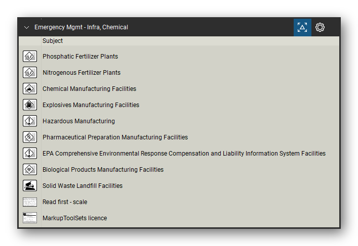 Incident & Emergency Management tool set for Bluebeam Revu, Infra, Chemical set - 9 tools: Phosphatic Fertilizer Plants, Nitrogenous Fertilizer Plants, Chemical Manufacturing Facilities, Explosives Manufacturing Facilities, Hazardous Manufacturing, Pharmaceutical Preparation Manufacturing, EPA Comprehensive Environmental Response, Biological Products Manufacturing Facilities and Solid Waste Landfill Facilities. Tool Chest in Detail view, one row per tool with its name.