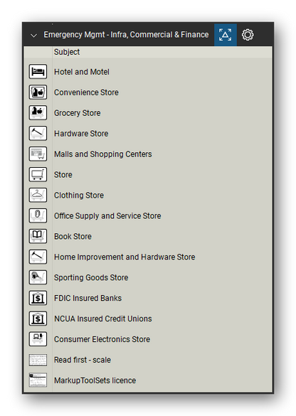 Incident & Emergency Management tool set for Bluebeam Revu, Infra, Commercial & Finance set - 14 tools: Hotel and Motel, Convenience Store, Grocery Store, Hardware Store, Malls and Shopping Centers, Store, Clothing Store, Office Supply and Service Store, Book Store, Home Improvement and Hardware Store and 4 more. Tool Chest in Detail view, one row per tool with its name.