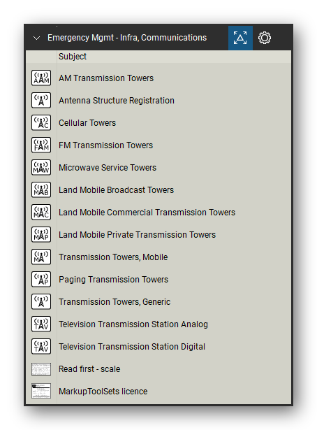 Incident & Emergency Management tool set for Bluebeam Revu, Infra, Communications set - 13 tools: AM Transmission Towers, Antenna Structure Registration, Cellular Towers, FM Transmission Towers, Microwave Service Towers, Land Mobile Broadcast Towers, Land Mobile Commercial Transmission Towers, Land Mobile Private Transmission Towers, Transmission Towers, Mobile, Paging Transmission Towers and 3 more. Tool Chest in Detail view, one row per tool with its name.