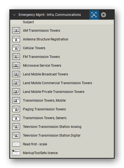 Incident & Emergency Management tool set for Bluebeam Revu, Infra, Communications set - 13 tools: AM Transmission Towers, Antenna Structure Registration, Cellular Towers, FM Transmission Towers, Microwave Service Towers, Land Mobile Broadcast Towers, Land Mobile Commercial Transmission Towers, Land Mobile Private Transmission Towers, Transmission Towers, Mobile, Paging Transmission Towers and 3 more. Tool Chest in Detail view, one row per tool with its name.