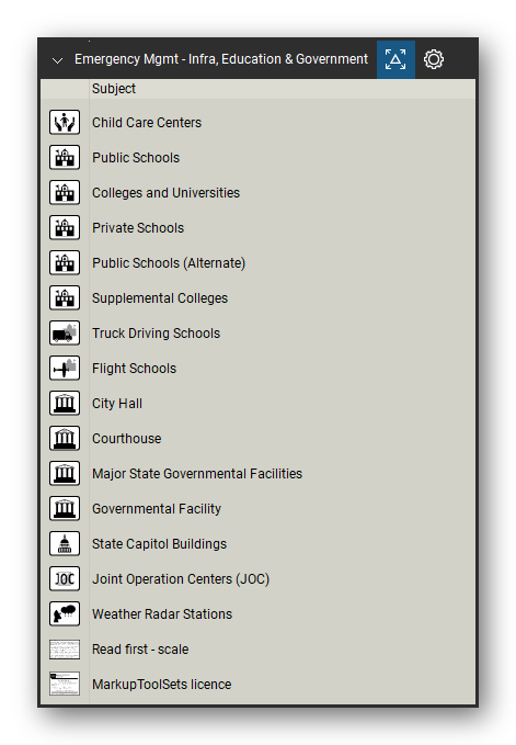 Incident & Emergency Management tool set for Bluebeam Revu, Infra, Education & Government set - 15 tools: Child Care Centers, Public Schools, Colleges and Universities, Private Schools, Public Schools (Alternate), Supplemental Colleges, Truck Driving Schools, Flight Schools, City Hall, Courthouse and 5 more. Tool Chest in Detail view, one row per tool with its name.