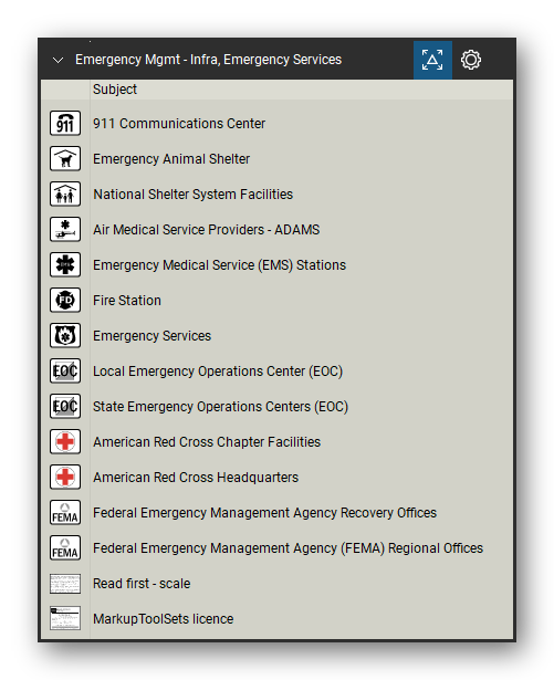 Incident & Emergency Management tool set for Bluebeam Revu, Infra, Emergency Services set - 13 tools: 911 Communications Center, Emergency Animal Shelter, National Shelter System Facilities, Air Medical Service Providers - ADAMS, Emergency Medical Service (EMS) Stations, Fire Station, Emergency Services, Local Emergency Operations Center (EOC), State Emergency Operations Centers (EOC), American Red Cross Chapter Facilities and 3 more. Tool Chest in Detail view, one row per tool with its name.
