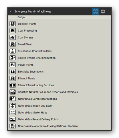 Incident & Emergency Management tool set for Bluebeam Revu, Infra, Energy set (tools 1-16 of 47) - 16 tools: Biodiesel Plants, Coal Processing, Coal Storage, Diesel Plant, Distribution Control Facilities, Electric Vehicle Charging Station, Power Plants, Electricity Substations, Ethanol Plants, Ethanol Transloading Facilities and 6 more. Tool Chest in Detail view, one row per tool with its name.