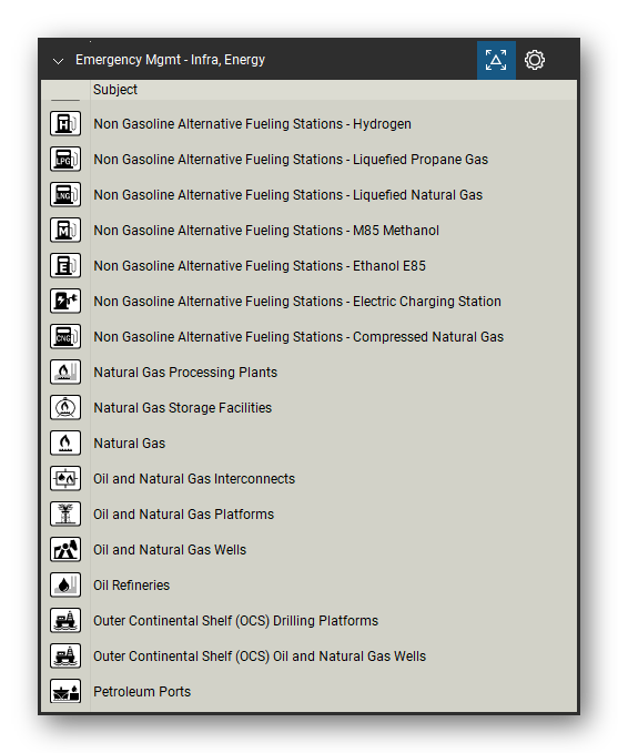 Incident & Emergency Management tool set for Bluebeam Revu, Infra, Energy set (tools 17-33 of 47) - 17 tools: Non Gasoline Alternative Fueling Stations, Natural Gas Processing Plants, Natural Gas Storage Facilities, Natural Gas, Oil and Natural Gas Interconnects, Oil and Natural Gas Platforms, Oil and Natural Gas Wells, Oil Refineries, Outer Continental Shelf (OCS) Drilling, Outer Continental Shelf (OCS) Oil and 7 more. Tool Chest in Detail view, one row per tool with its name.