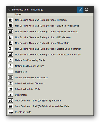 Incident & Emergency Management tool set for Bluebeam Revu, Infra, Energy set (tools 17-33 of 47) - 17 tools: Non Gasoline Alternative Fueling Stations, Natural Gas Processing Plants, Natural Gas Storage Facilities, Natural Gas, Oil and Natural Gas Interconnects, Oil and Natural Gas Platforms, Oil and Natural Gas Wells, Oil Refineries, Outer Continental Shelf (OCS) Drilling, Outer Continental Shelf (OCS) Oil and 7 more. Tool Chest in Detail view, one row per tool with its name.