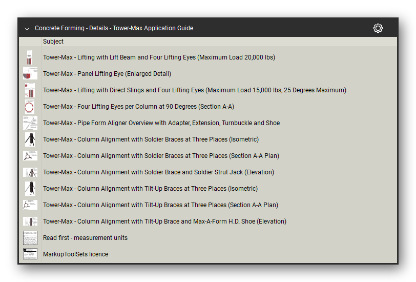 Details tower max application guide in the Concrete Forming Takeoff & Estimating Bluebeam tool set (sheet 2 of 2)