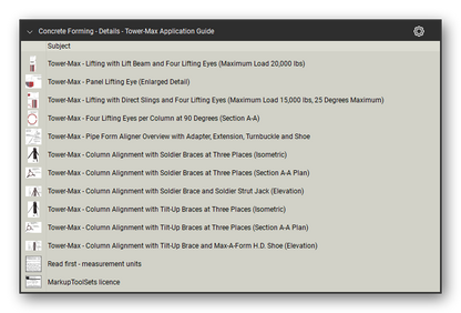 Details tower max application guide in the Concrete Forming Takeoff & Estimating Bluebeam tool set (sheet 2 of 2)