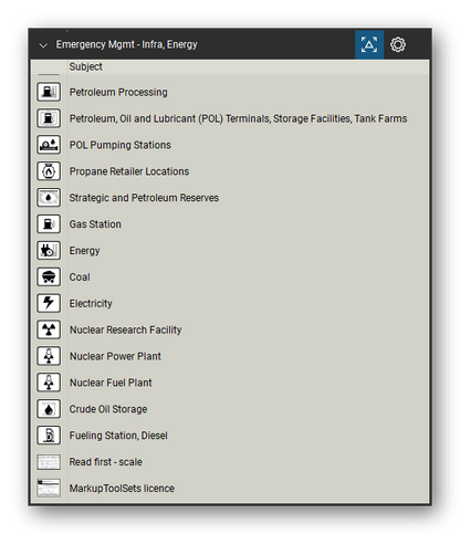 Incident & Emergency Management tool set for Bluebeam Revu, Infra, Energy set (tools 34-47 of 47) - 14 tools: Petroleum Processing, Petroleum, Oil and Lubricant (POL), POL Pumping Stations, Propane Retailer Locations, Strategic and Petroleum Reserves, Gas Station, Energy, Coal, Electricity, Nuclear Research Facility and 4 more. Tool Chest in Detail view, one row per tool with its name.