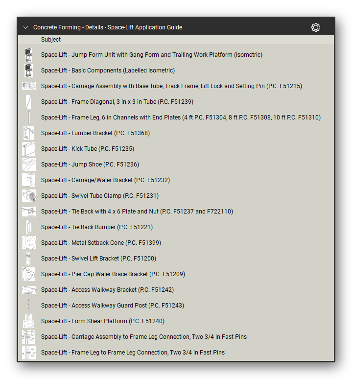 Details space lift application guide in the Concrete Forming Takeoff & Estimating Bluebeam tool set (sheet 1 of 5)