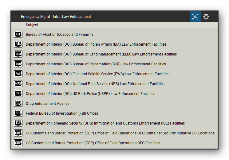 Incident & Emergency Management tool set for Bluebeam Revu, Infra, Law Enforcement set (tools 1-12 of 21) - 12 tools: Bureau of Alcohol Tobacco and Firearms, Department of Interior (DOI) Bureau, Department of Interior (DOI) Bureau of Land, Department of Interior (DOI) Fish, Department of Interior (DOI) National Park, Department of Interior (DOI) US-Park Police, Drug Enforcement Agency, Federal Bureau of Investigation (FBI) and more. Tool Chest in Detail view, one row per tool with its name.