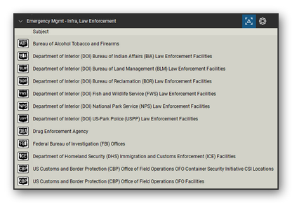 Incident & Emergency Management tool set for Bluebeam Revu, Infra, Law Enforcement set (tools 1-12 of 21) - 12 tools: Bureau of Alcohol Tobacco and Firearms, Department of Interior (DOI) Bureau, Department of Interior (DOI) Bureau of Land, Department of Interior (DOI) Fish, Department of Interior (DOI) National Park, Department of Interior (DOI) US-Park Police, Drug Enforcement Agency, Federal Bureau of Investigation (FBI) and more. Tool Chest in Detail view, one row per tool with its name.