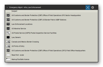 Incident & Emergency Management tool set for Bluebeam Revu, Infra, Law Enforcement set (tools 13-21 of 21) - 9 tools: US Customs and Border Protection (CBP), US Customs and Border Protection (CBP) US, Law Enforcement Locations, US Marshal Service, US Postal Service (USPS) Postal Inspection, Law, Generic, Canada and Mexico Border Crossing, US Ports of Entry and 1 more. Tool Chest in Detail view, one row per tool with its name.