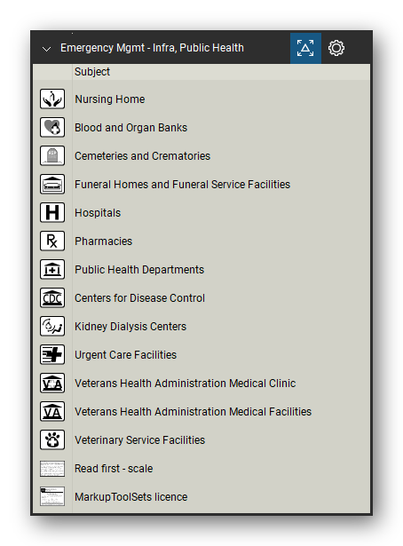 Incident & Emergency Management tool set for Bluebeam Revu, Infra, Public Health set - 13 tools: Nursing Home, Blood and Organ Banks, Cemeteries and Crematories, Funeral Homes and Funeral Service Facilities, Hospitals, Pharmacies, Public Health Departments, Centers for Disease Control, Kidney Dialysis Centers, Urgent Care Facilities and 3 more. Tool Chest in Detail view, one row per tool with its name.