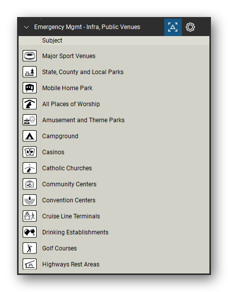 Incident & Emergency Management tool set for Bluebeam Revu, Infra, Public Venues set (tools 1-14 of 25) - 14 tools: Major Sport Venues, State, County and Local Parks, Mobile Home Park, All Places of Worship, Amusement and Theme Parks, Campground, Casinos, Catholic Churches, Community Centers, Convention Centers and 4 more. Tool Chest in Detail view, one row per tool with its name.