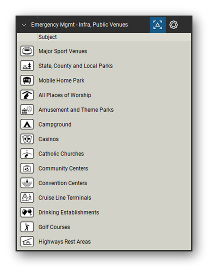 Incident & Emergency Management tool set for Bluebeam Revu, Infra, Public Venues set (tools 1-14 of 25) - 14 tools: Major Sport Venues, State, County and Local Parks, Mobile Home Park, All Places of Worship, Amusement and Theme Parks, Campground, Casinos, Catholic Churches, Community Centers, Convention Centers and 4 more. Tool Chest in Detail view, one row per tool with its name.