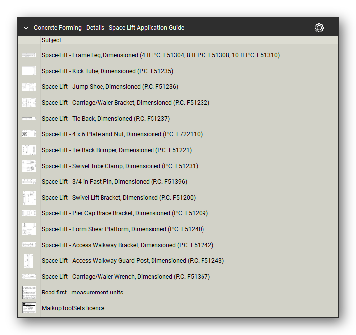 Details space lift application guide in the Concrete Forming Takeoff & Estimating Bluebeam tool set (sheet 5 of 5)