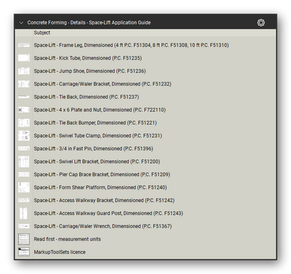 Details space lift application guide in the Concrete Forming Takeoff & Estimating Bluebeam tool set (sheet 5 of 5)