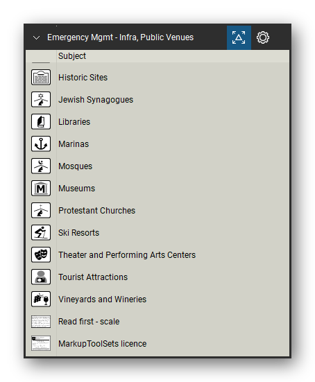 Incident & Emergency Management tool set for Bluebeam Revu, Infra, Public Venues set (tools 15-25 of 25) - 11 tools: Historic Sites, Jewish Synagogues, Libraries, Marinas, Mosques, Museums, Protestant Churches, Ski Resorts, Theater and Performing Arts Centers, Tourist Attractions and 1 more. Tool Chest in Detail view, one row per tool with its name.