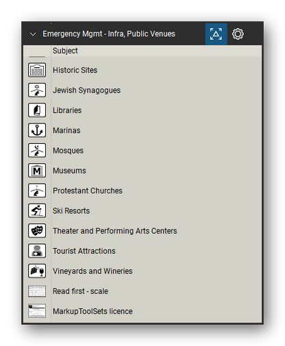 Incident & Emergency Management tool set for Bluebeam Revu, Infra, Public Venues set (tools 15-25 of 25) - 11 tools: Historic Sites, Jewish Synagogues, Libraries, Marinas, Mosques, Museums, Protestant Churches, Ski Resorts, Theater and Performing Arts Centers, Tourist Attractions and 1 more. Tool Chest in Detail view, one row per tool with its name.