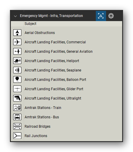 Incident & Emergency Management tool set for Bluebeam Revu, Infra, Transportation set (tools 1-12 of 22) - 12 tools: Aerial Obstructions, Aircraft Landing Facilities, Commercial, Aircraft Landing Facilities, General, Aircraft Landing Facilities, Heliport, Aircraft Landing Facilities, Seaplane, Aircraft Landing Facilities, Balloon Port, Aircraft Landing Facilities, Glider Port, Aircraft Landing Facilities, Ultralight and more. Tool Chest in Detail view, one row per tool with its name.