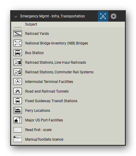 Incident & Emergency Management tool set for Bluebeam Revu, Infra, Transportation set (tools 13-22 of 22) - 10 tools: Railroad Yards, National Bridge Inventory (NBI) Bridges, Bus Station, Railroad Stations, Line Haul Railroads, Railroad Stations, Commuter Rail Systems, Intermodal Terminal Facilities, Road and Railroad Tunnels, Fixed Guideway Transit Stations, Ferry Locations and Major US Port Facilities. Tool Chest in Detail view, one row per tool with its name.