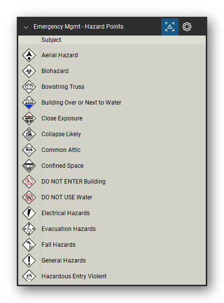 Incident & Emergency Management tool set for Bluebeam Revu, Hazard Points set (tools 1-15 of 42) - 15 tools: Aerial Hazard, Biohazard, Bowstring Truss, Building Over or Next to Water, Close Exposure, Collapse Likely, Common Attic, Confined Space, DO NOT ENTER Building, DO NOT USE Water and 5 more. Tool Chest in Detail view, one row per tool with its name.