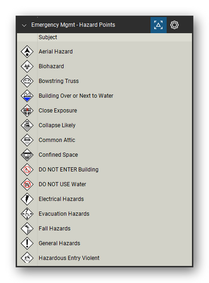 Incident & Emergency Management tool set for Bluebeam Revu, Hazard Points set (tools 1-15 of 42) - 15 tools: Aerial Hazard, Biohazard, Bowstring Truss, Building Over or Next to Water, Close Exposure, Collapse Likely, Common Attic, Confined Space, DO NOT ENTER Building, DO NOT USE Water and 5 more. Tool Chest in Detail view, one row per tool with its name.